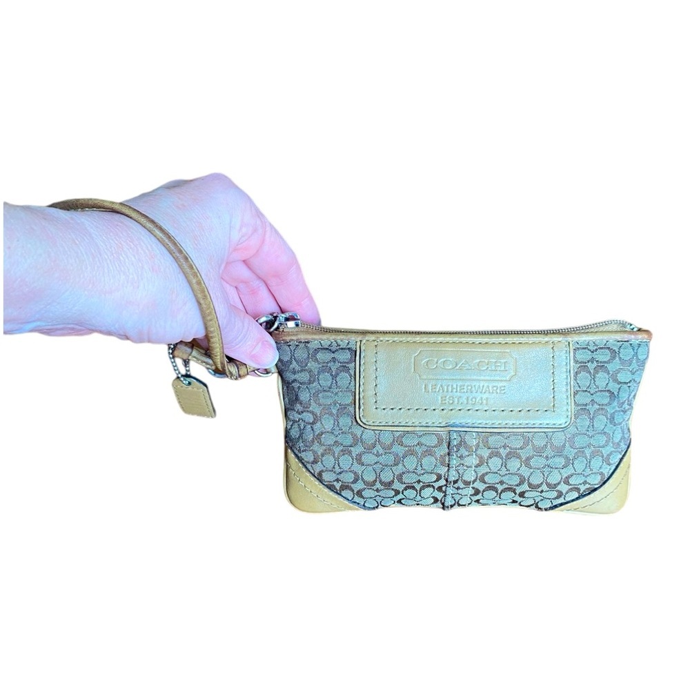 Coach Women’s Small Zip Wristlet in Signature fabric + tan leather